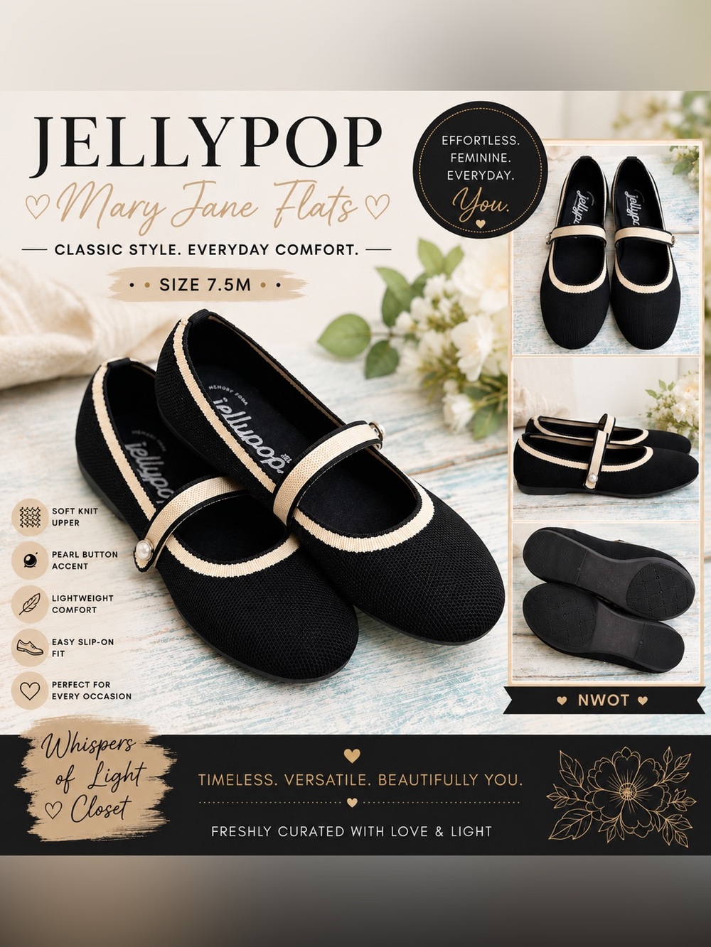 Jellypop Black and Cream Mary Jane Flats - Knit Strap Ballet Shoes 7.5 M